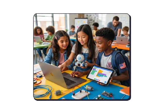 Diverse group of kids working together on AI and robotics projects at summer camp